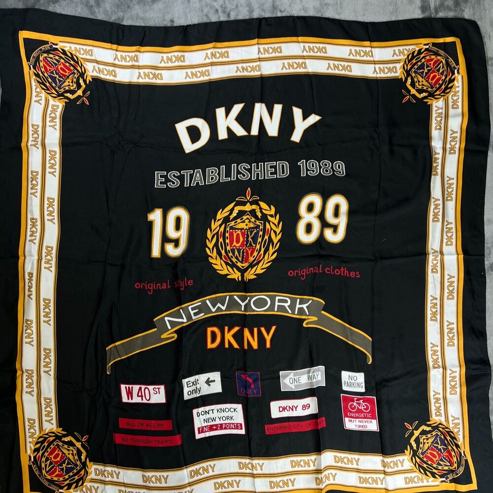 Vtg DKNY 1989 Silk Scarf - Black & Gold Crest with NYC Street Signs